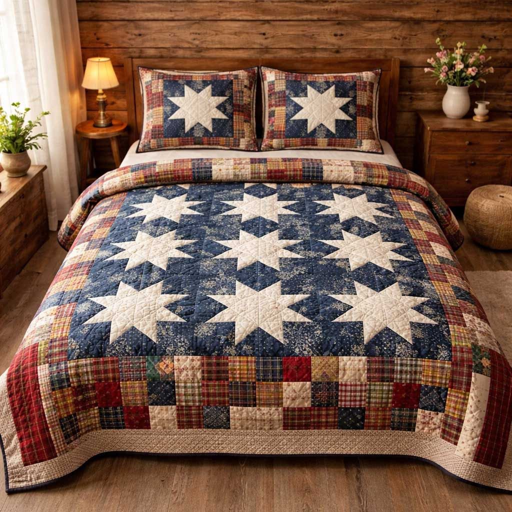 Heritage Patch quilted 3-piece bedding set on a made bed in a farmhouse bedroom