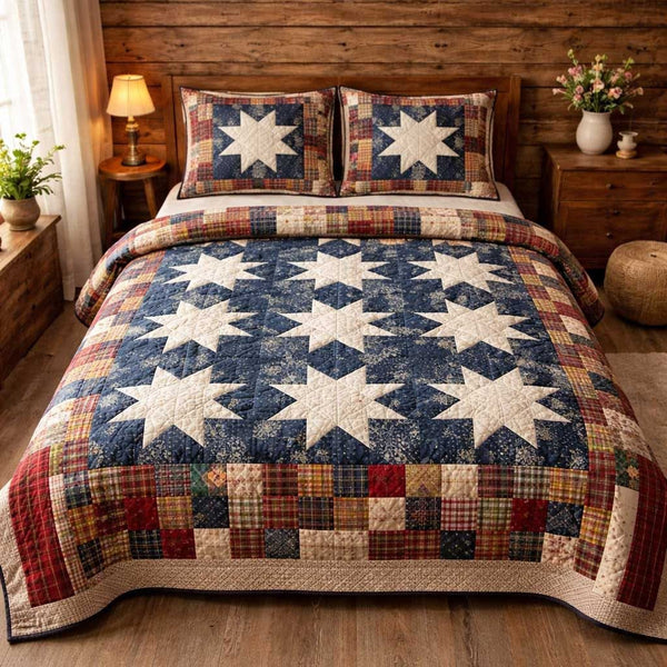 Heritage Patch quilted 3-piece bedding set on a made bed in a farmhouse bedroom