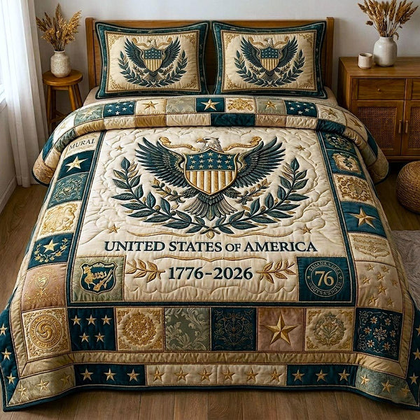 Heritage Patch quilted 3-piece bedding set on a made bed in a farmhouse bedroom