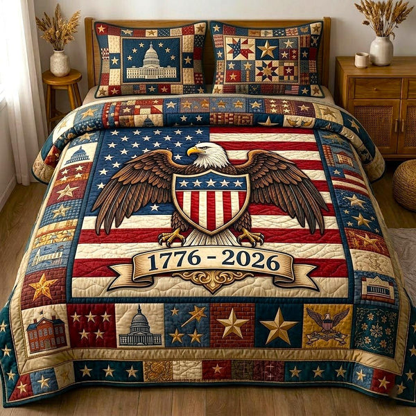 Heritage Patch quilted 3-piece bedding set on a made bed in a farmhouse bedroom