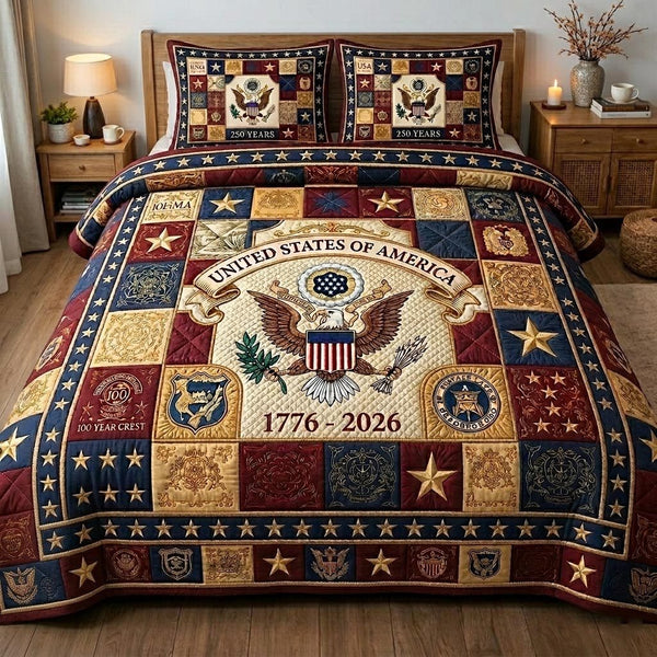 Heritage Patch quilted 3-piece bedding set on a made bed in a farmhouse bedroom