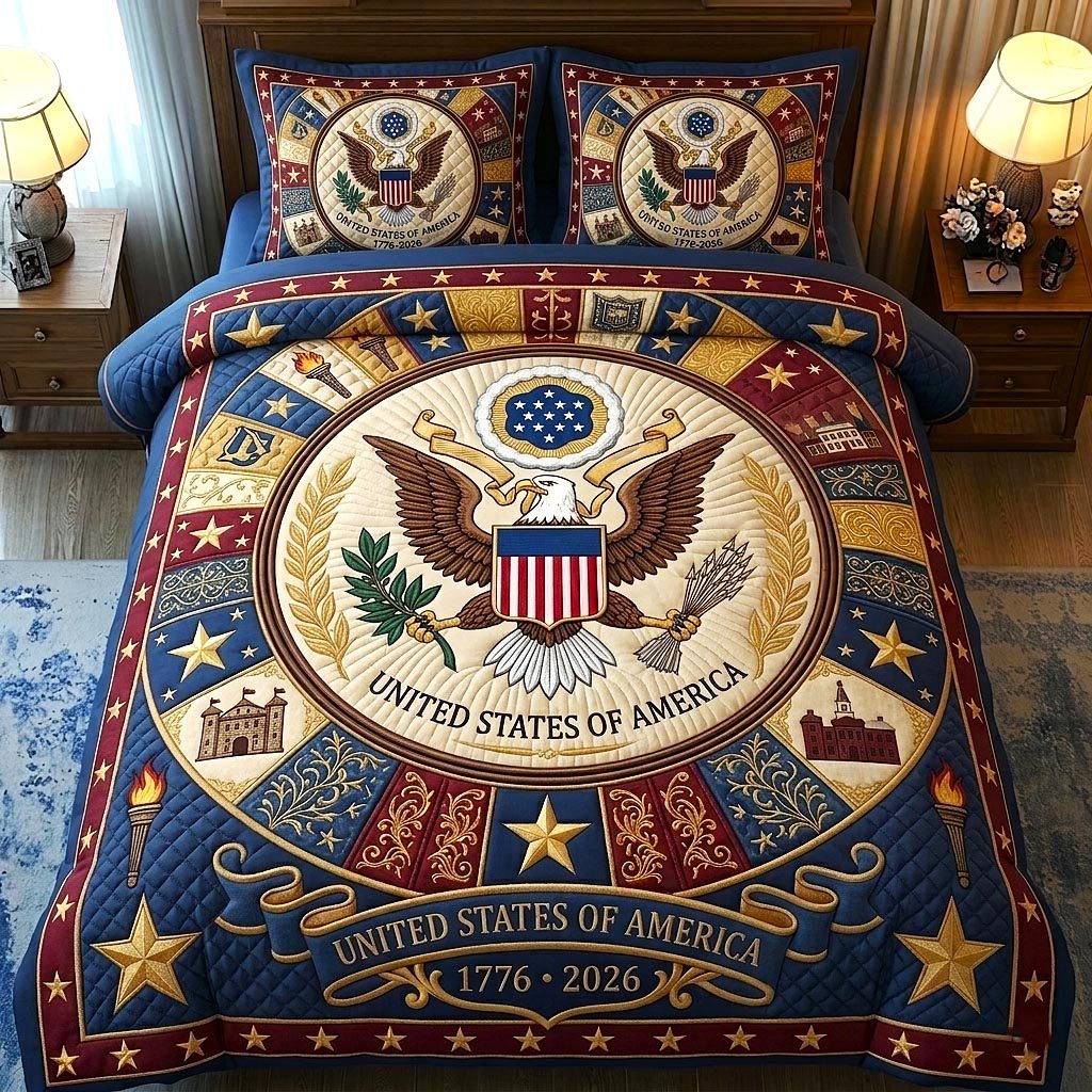 Heritage Patch quilted 3-piece bedding set on a made bed in a farmhouse bedroom