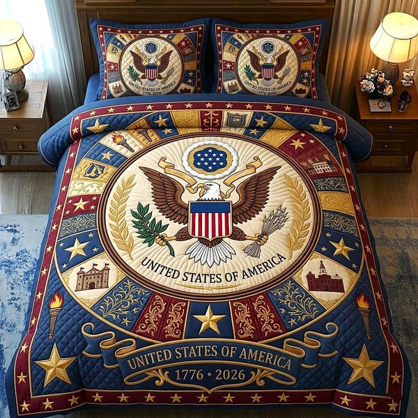 Heritage Patch quilted 3-piece bedding set on a made bed in a farmhouse bedroom