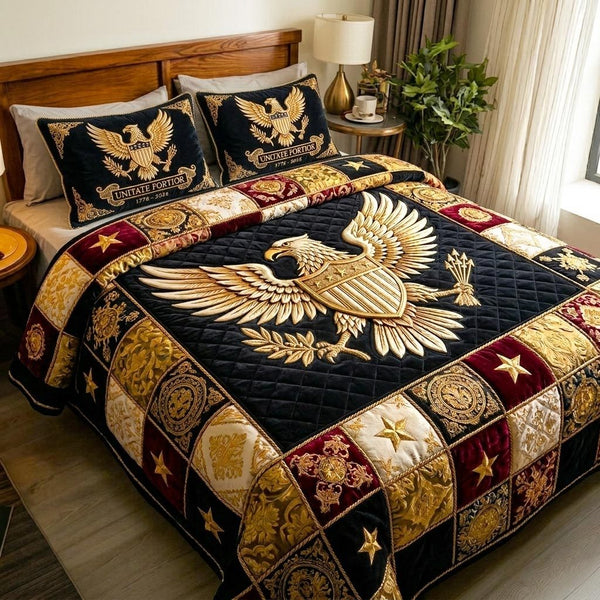 Heritage Patch quilted 3-piece bedding set on a made bed in a farmhouse bedroom