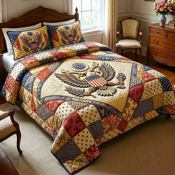 Heritage Patch quilted 3-piece bedding set on a made bed in a farmhouse bedroom