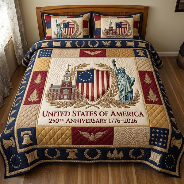 Heritage Patch quilted 3-piece bedding set on a made bed in a farmhouse bedroom
