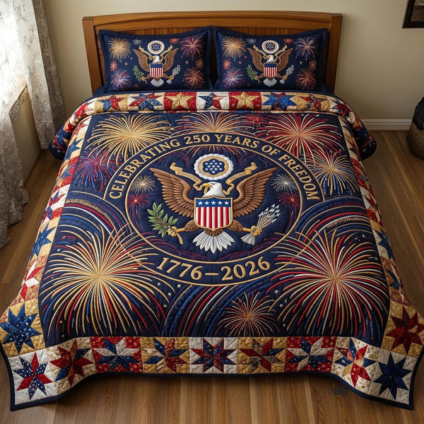 Heritage Patch quilted 3-piece bedding set on a made bed in a farmhouse bedroom