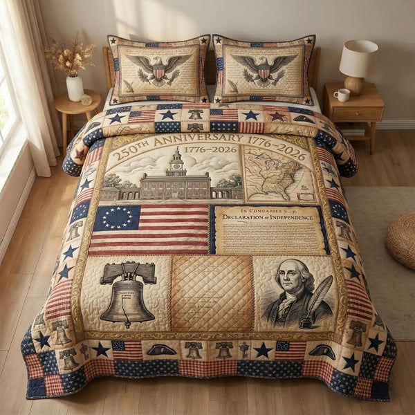 Heritage Patch quilted 3-piece bedding set on a made bed in a farmhouse bedroom
