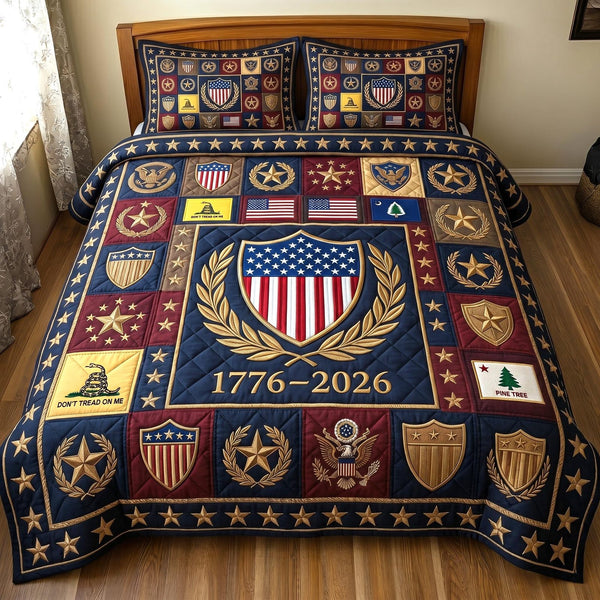 Heritage Patch quilted 3-piece bedding set on a made bed in a farmhouse bedroom