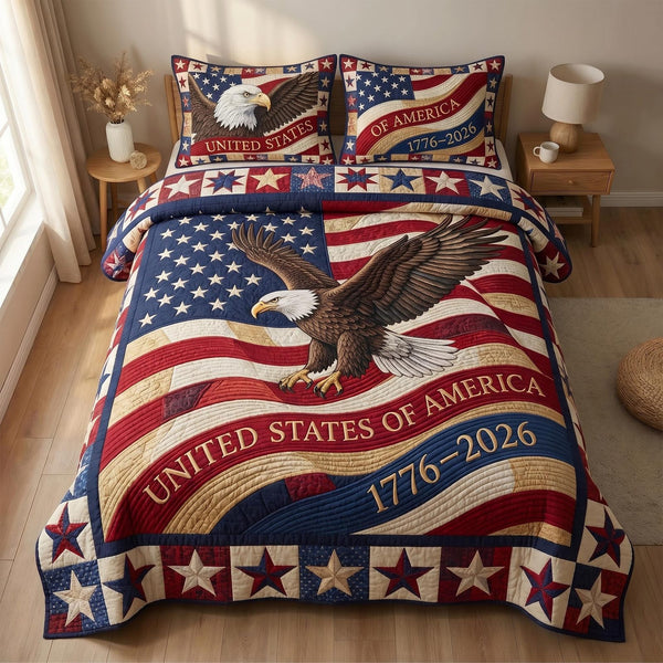 Heritage Patch quilted 3-piece bedding set on a made bed in a farmhouse bedroom