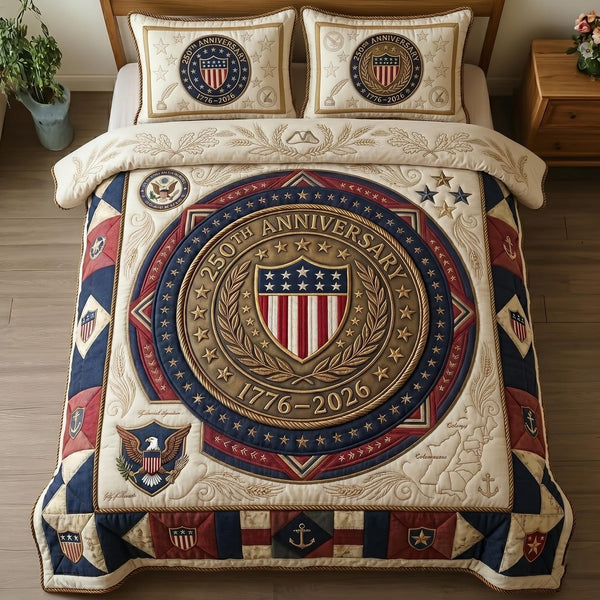 Heritage Patch quilted 3-piece bedding set on a made bed in a farmhouse bedroom