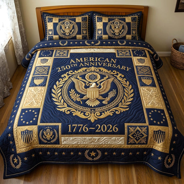 Heritage Patch quilted 3-piece bedding set on a made bed in a farmhouse bedroom