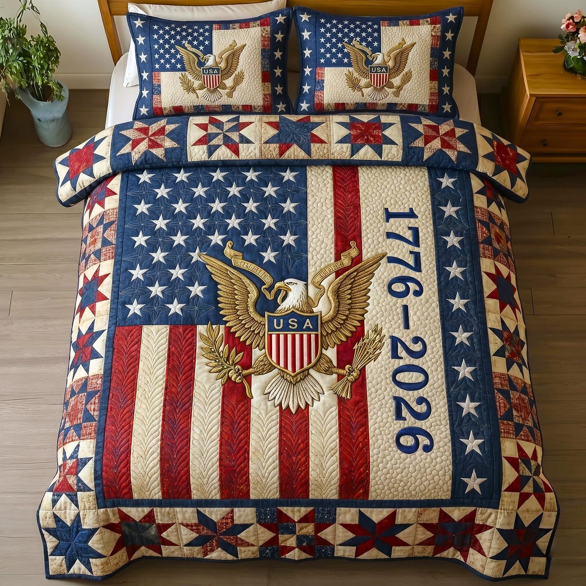Heritage Patch quilted 3-piece bedding set on a made bed in a farmhouse bedroom