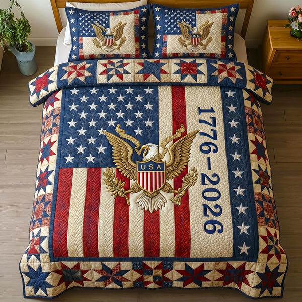 Heritage Patch quilted 3-piece bedding set on a made bed in a farmhouse bedroom