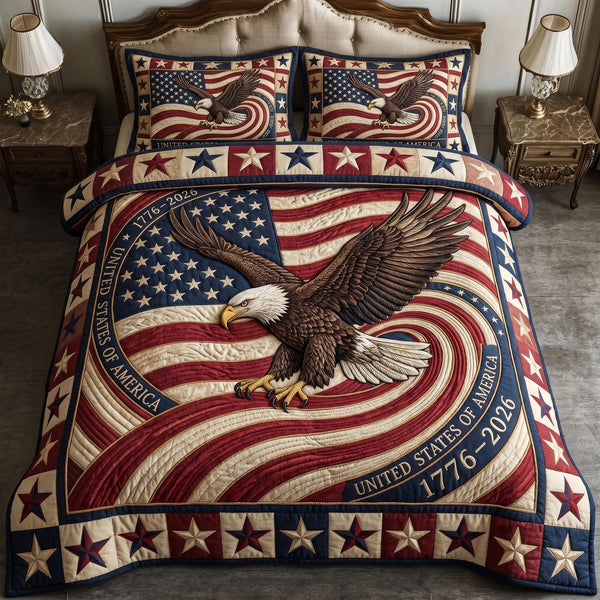 Heritage Patch quilted 3-piece bedding set on a made bed in a farmhouse bedroom