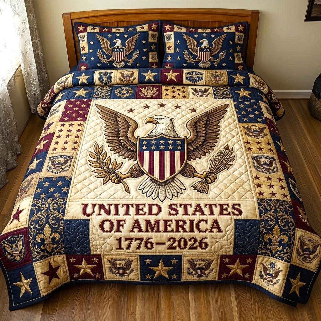 Heritage Patch quilted 3-piece bedding set on a made bed in a farmhouse bedroom