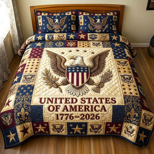Heritage Patch quilted 3-piece bedding set on a made bed in a farmhouse bedroom