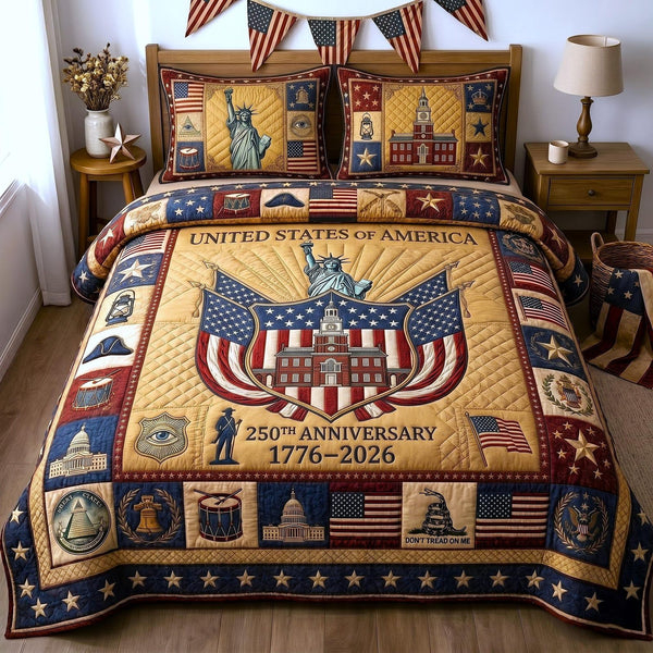 Heritage Patch quilted 3-piece bedding set on a made bed in a farmhouse bedroom