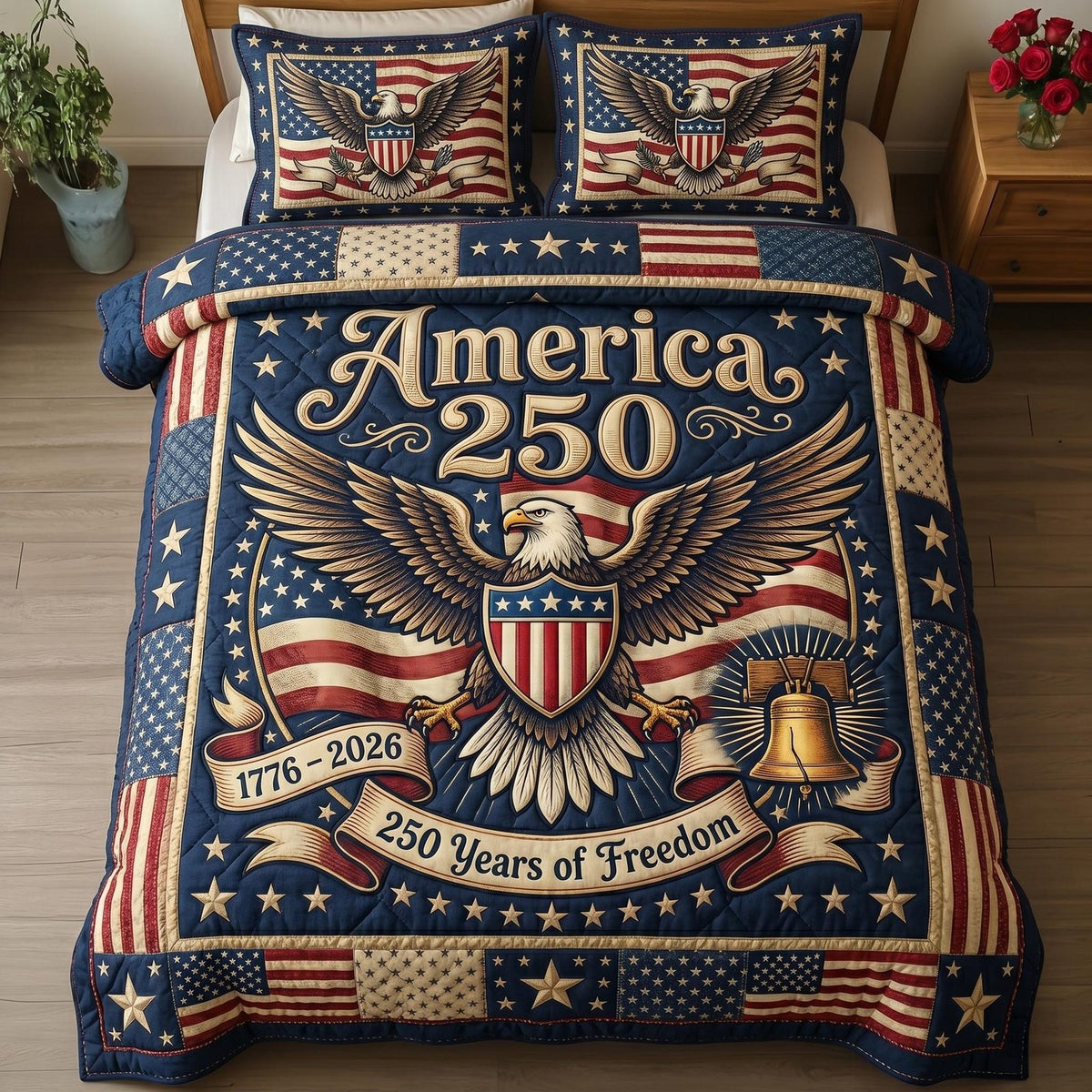 Heritage Patch quilted 3-piece bedding set on a made bed in a farmhouse bedroom