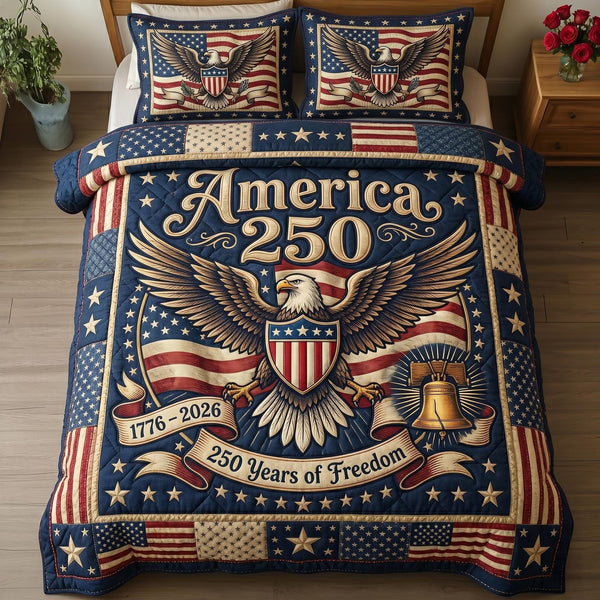 Heritage Patch quilted 3-piece bedding set on a made bed in a farmhouse bedroom