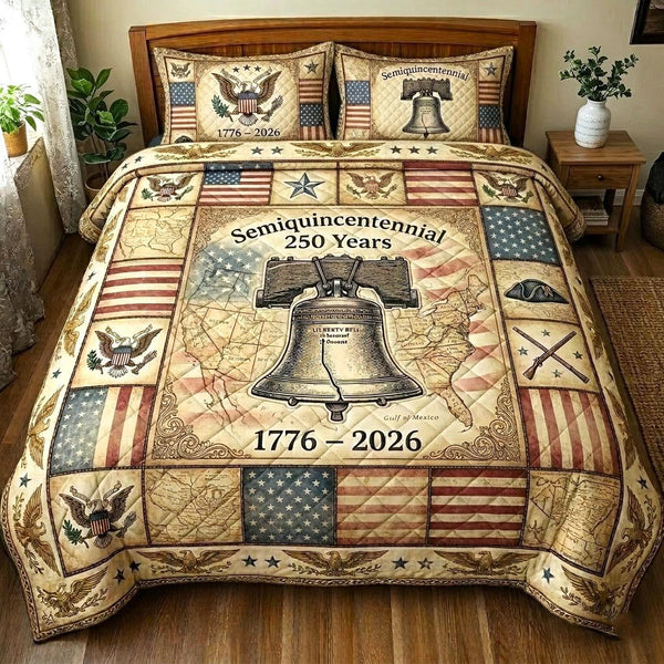 Heritage Patch quilted 3-piece bedding set on a made bed in a farmhouse bedroom