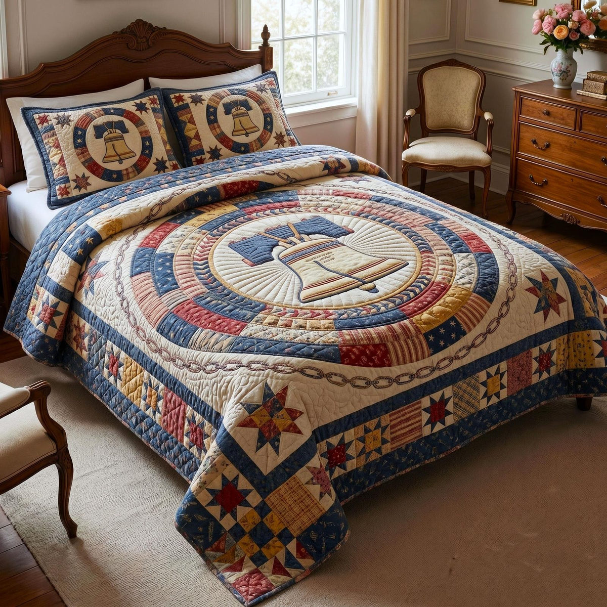 Heritage Patch quilted 3-piece bedding set on a made bed in a farmhouse bedroom