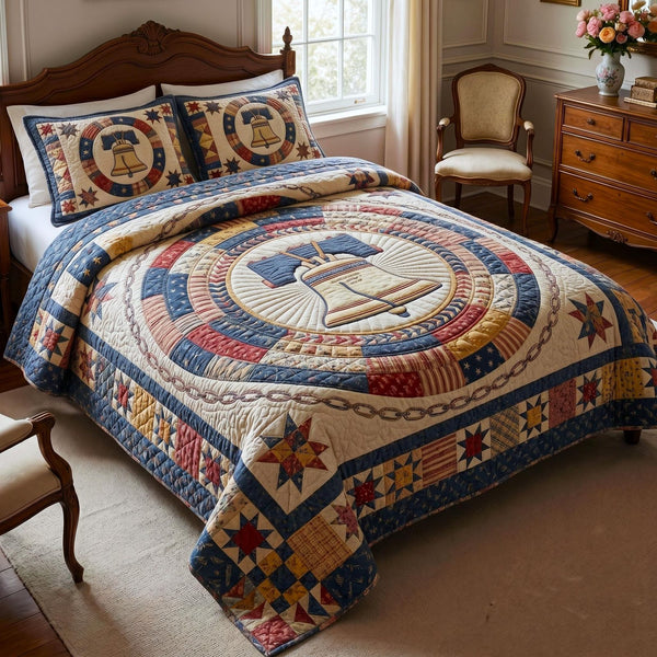 Heritage Patch quilted 3-piece bedding set on a made bed in a farmhouse bedroom