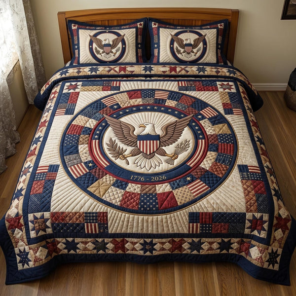 Heritage Patch quilted 3-piece bedding set on a made bed in a farmhouse bedroom