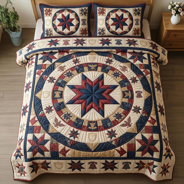 Heritage Patch quilted 3-piece bedding set on a made bed in a farmhouse bedroom