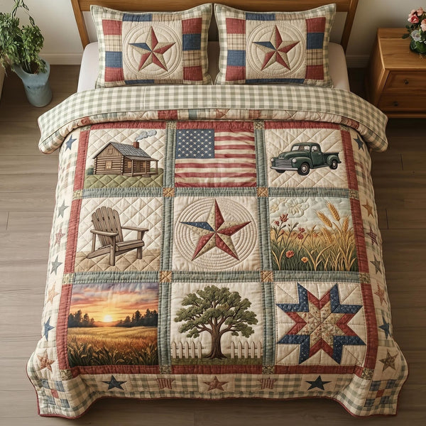 Heritage Patch quilted 3-piece bedding set on a made bed in a farmhouse bedroom
