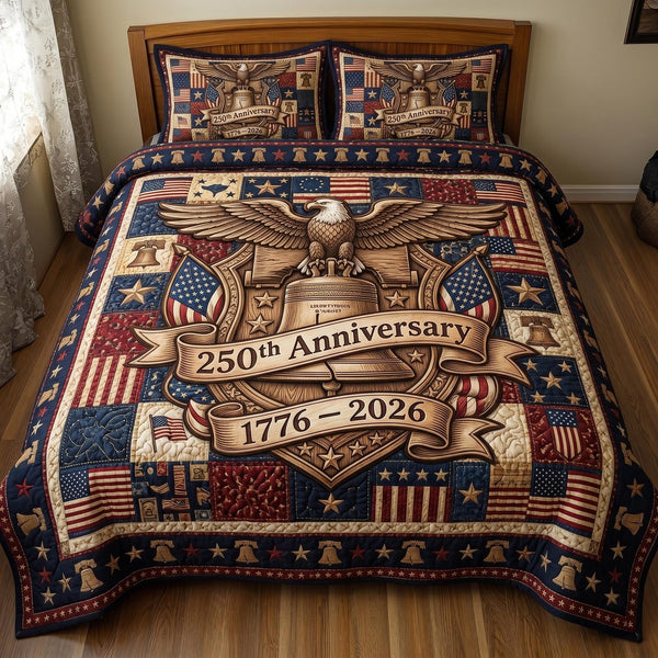Heritage Patch quilted 3-piece bedding set on a made bed in a farmhouse bedroom