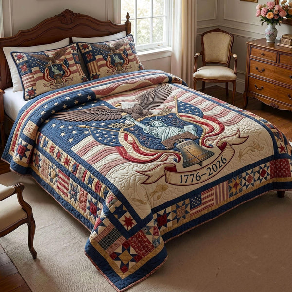 Heritage Patch quilted 3-piece bedding set on a made bed in a farmhouse bedroom