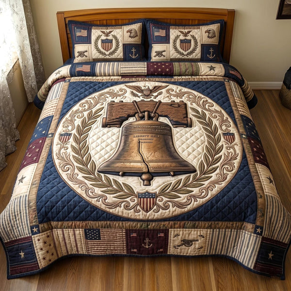 Heritage Patch quilted 3-piece bedding set on a made bed in a farmhouse bedroom
