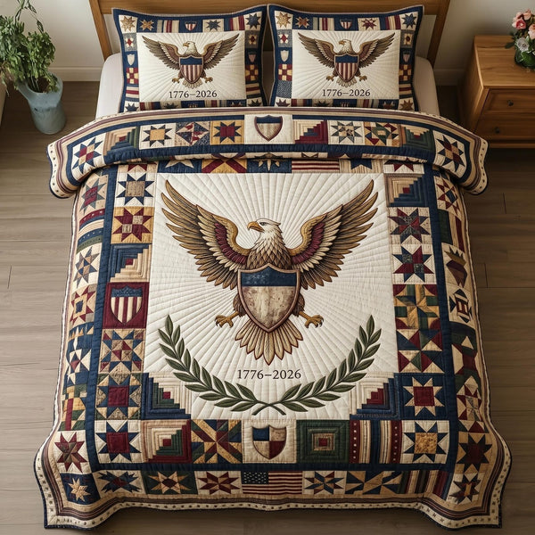 Heritage Patch quilted 3-piece bedding set on a made bed in a farmhouse bedroom