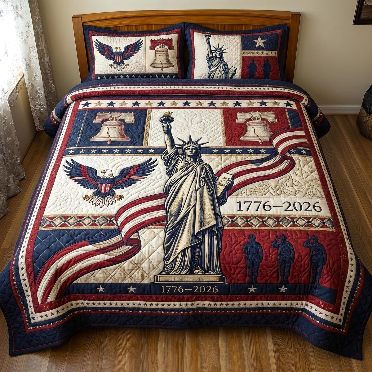 Heritage Patch quilted 3-piece bedding set on a made bed in a farmhouse bedroom