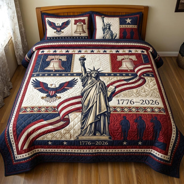 Heritage Patch quilted 3-piece bedding set on a made bed in a farmhouse bedroom