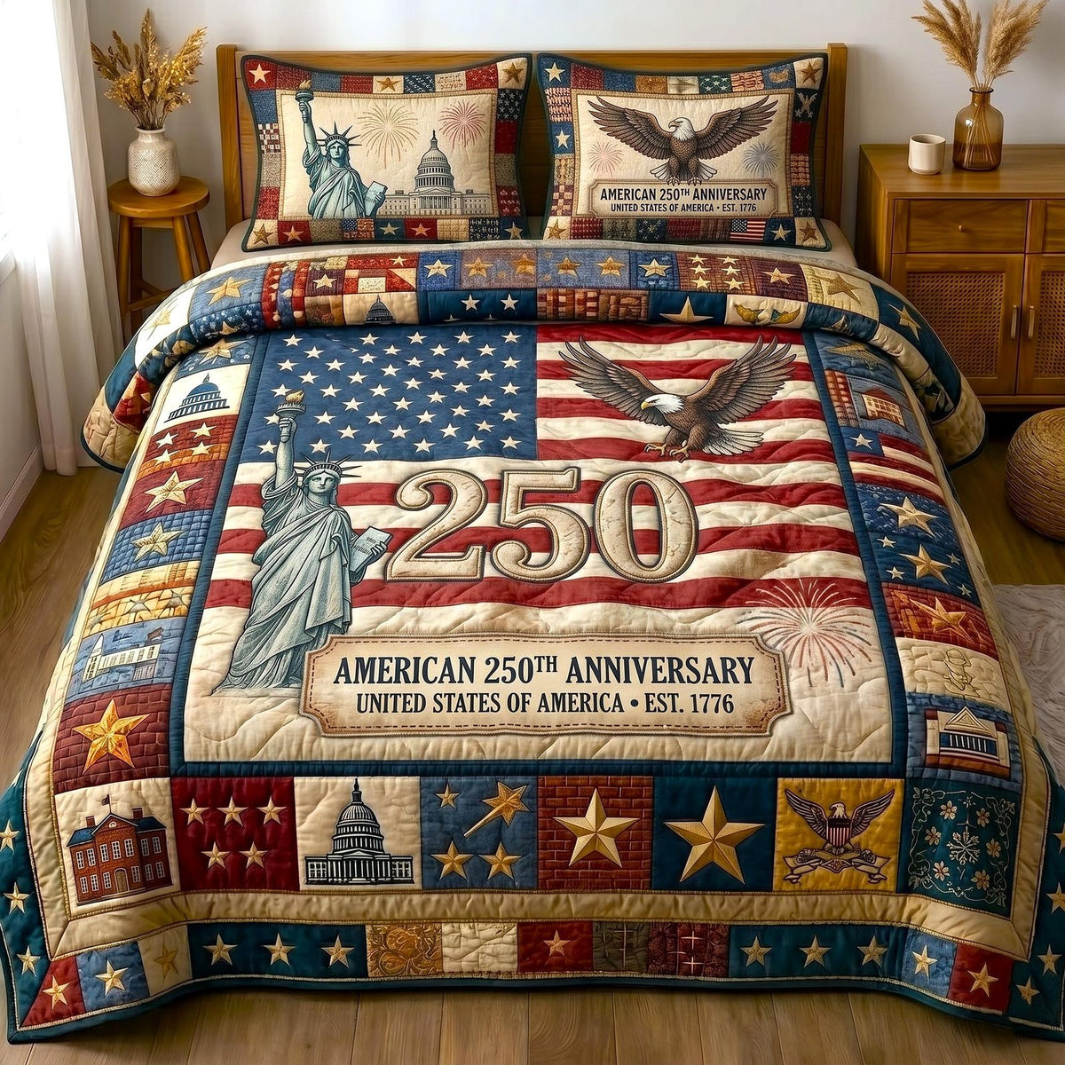 Heritage Patch quilted 3-piece bedding set on a made bed in a farmhouse bedroom