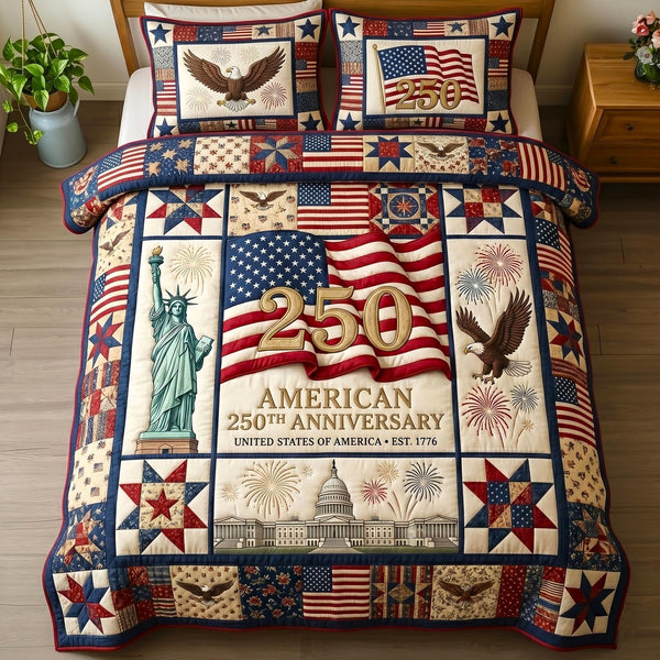 Heritage Patch quilted 3-piece bedding set on a made bed in a farmhouse bedroom