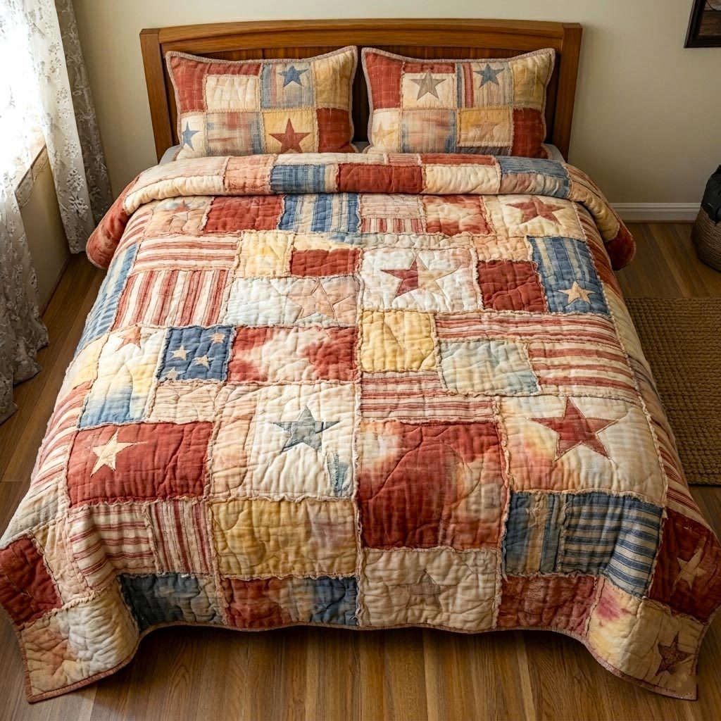Heritage Patch quilted 3-piece bedding set on a made bed in a farmhouse bedroom