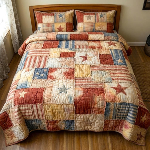 Heritage Patch quilted 3-piece bedding set on a made bed in a farmhouse bedroom