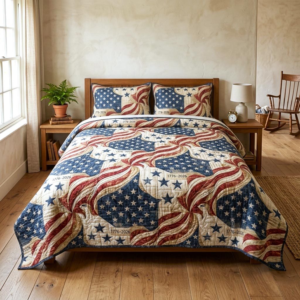 Heritage Patch quilted 3-piece bedding set on a made bed in a farmhouse bedroom
