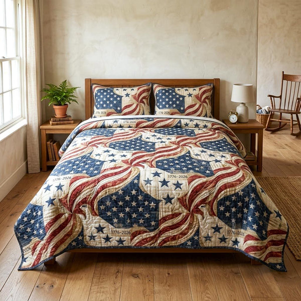 Heritage Patch quilted 3-piece bedding set on a made bed in a farmhouse bedroom