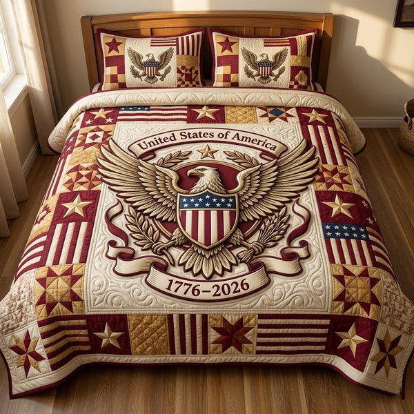 Heritage Patch quilted 3-piece bedding set on a made bed in a farmhouse bedroom