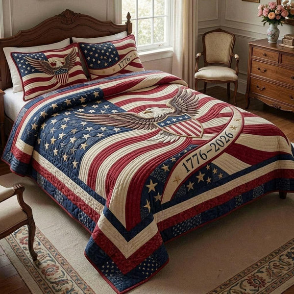 Heritage Patch quilted 3-piece bedding set on a made bed in a farmhouse bedroom