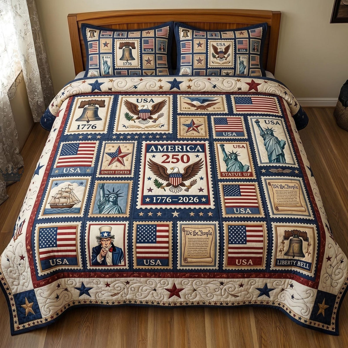 Heritage Patch quilted 3-piece bedding set on a made bed in a farmhouse bedroom