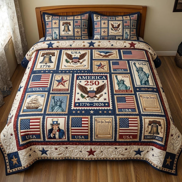 Heritage Patch quilted 3-piece bedding set on a made bed in a farmhouse bedroom