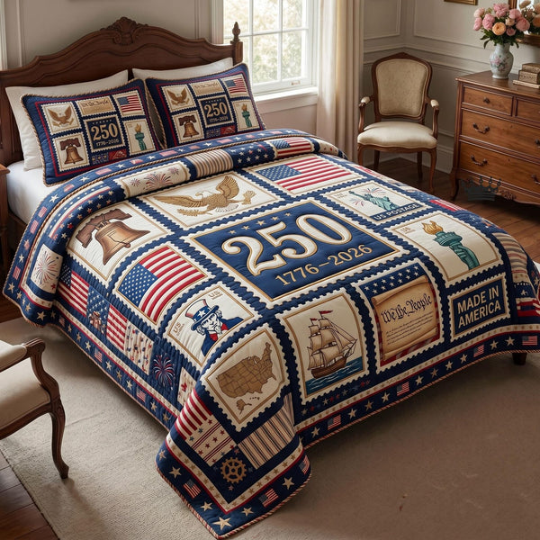 Heritage Patch quilted 3-piece bedding set on a made bed in a farmhouse bedroom