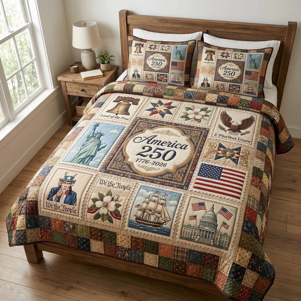 Heritage Patch quilted 3-piece bedding set on a made bed in a farmhouse bedroom