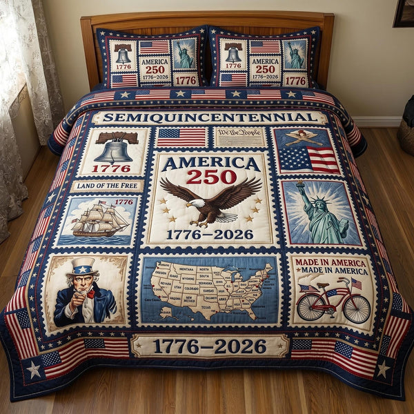 Heritage Patch quilted 3-piece bedding set on a made bed in a farmhouse bedroom