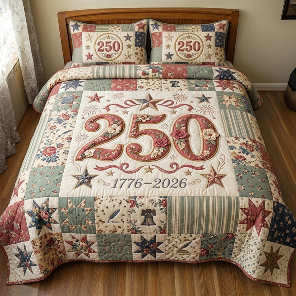 Heritage Patch quilted 3-piece bedding set on a made bed in a farmhouse bedroom